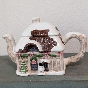 Vintage 1988 Ron Gordon Designs~CHRISTMAS COTTAGE TEA POT~Ceramic Snow Holiday